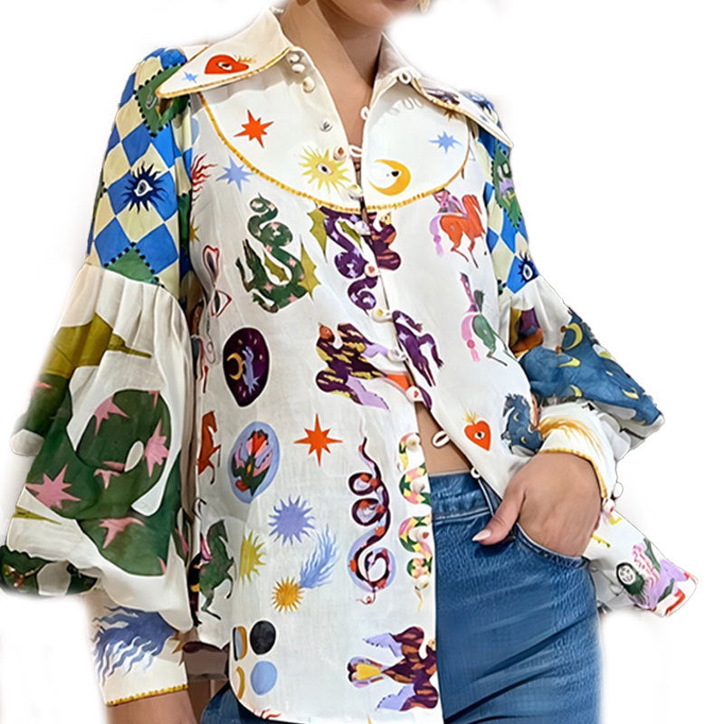 Women's Colorful Mystic Graphic Print Button-Down Shirt – Statement Collar & Long Puff Sleeves