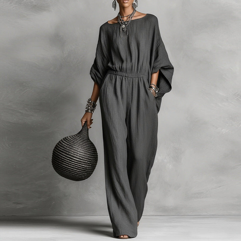 Women's Boat Neck Batwing Sleeve Wide Leg Jumpsuit – Elastic Waist & Side Pockets