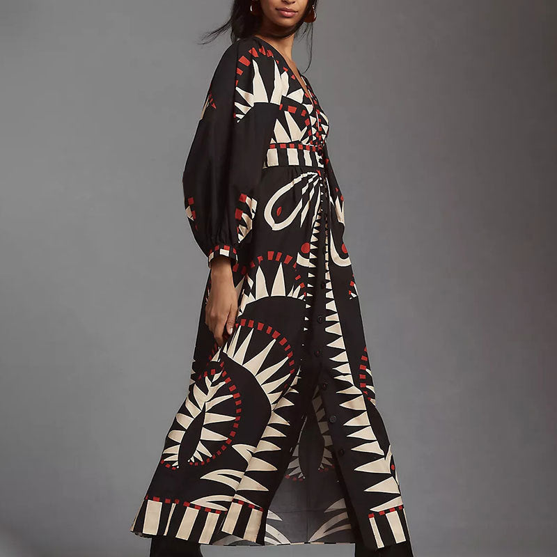 Women’s Geometric Print Deep V-Neck Button-Down Maxi Dress - Balloon Sleeve Long Dress with Belt