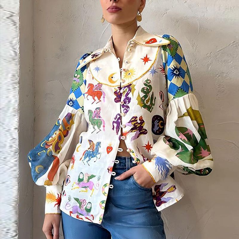 Women's Colorful Mystic Graphic Print Button-Down Shirt – Statement Collar & Long Puff Sleeves