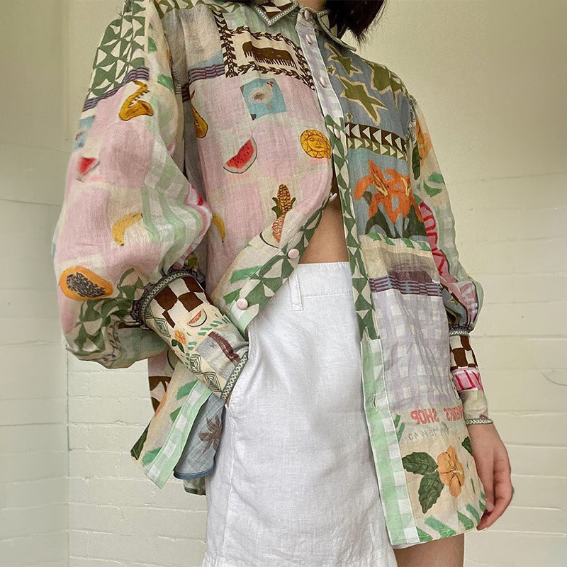 Women's Colorful Patchwork Print Puff Sleeve Button-Down Shirt – Relaxed Fit Boho Blouse