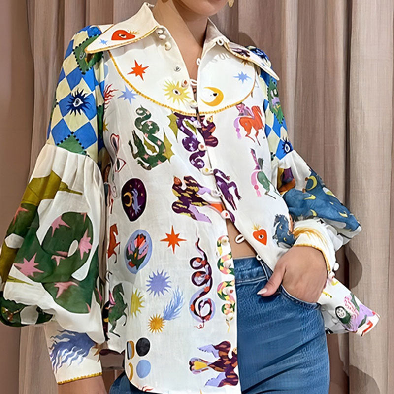 Women's Colorful Mystic Graphic Print Button-Down Shirt – Statement Collar & Long Puff Sleeves