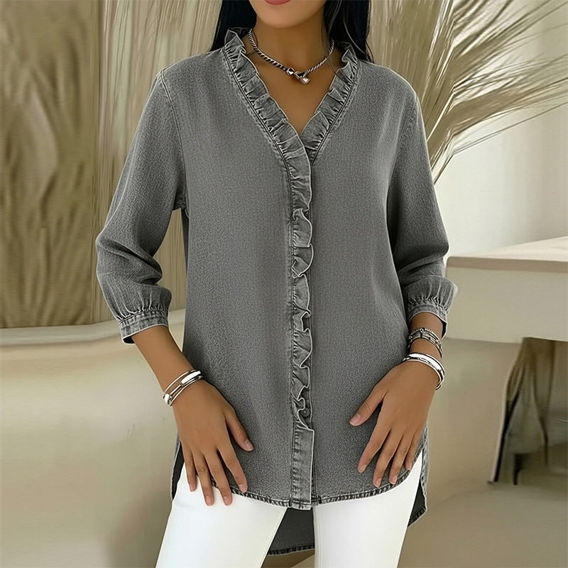 Women's V-Neck Ruffle Trim Button-Down Blouse – 3/4 Sleeve Relaxed Fit Denim Style Top