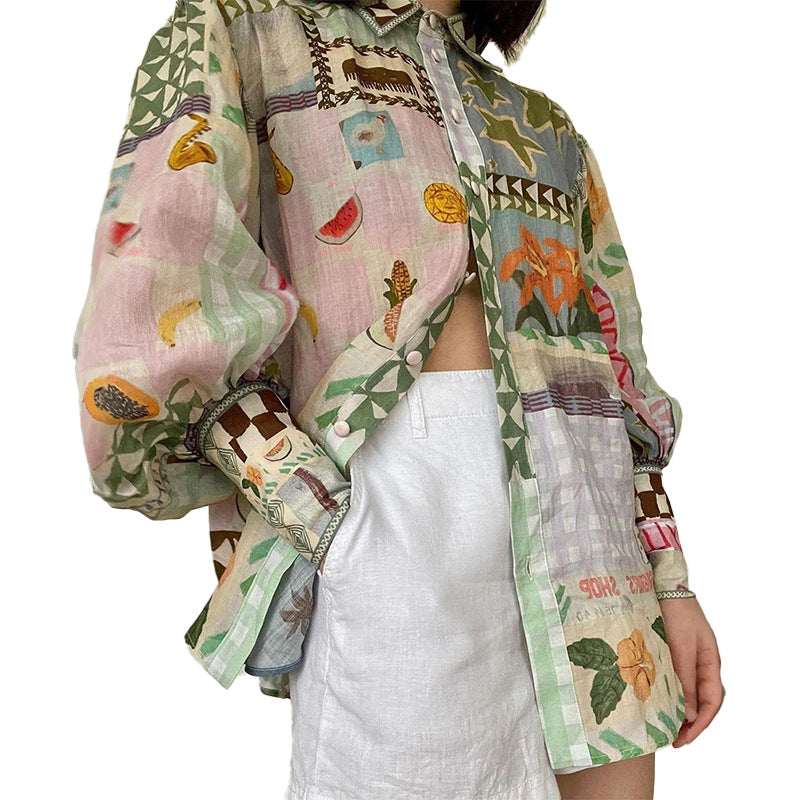 Women's Colorful Patchwork Print Puff Sleeve Button-Down Shirt – Relaxed Fit Boho Blouse