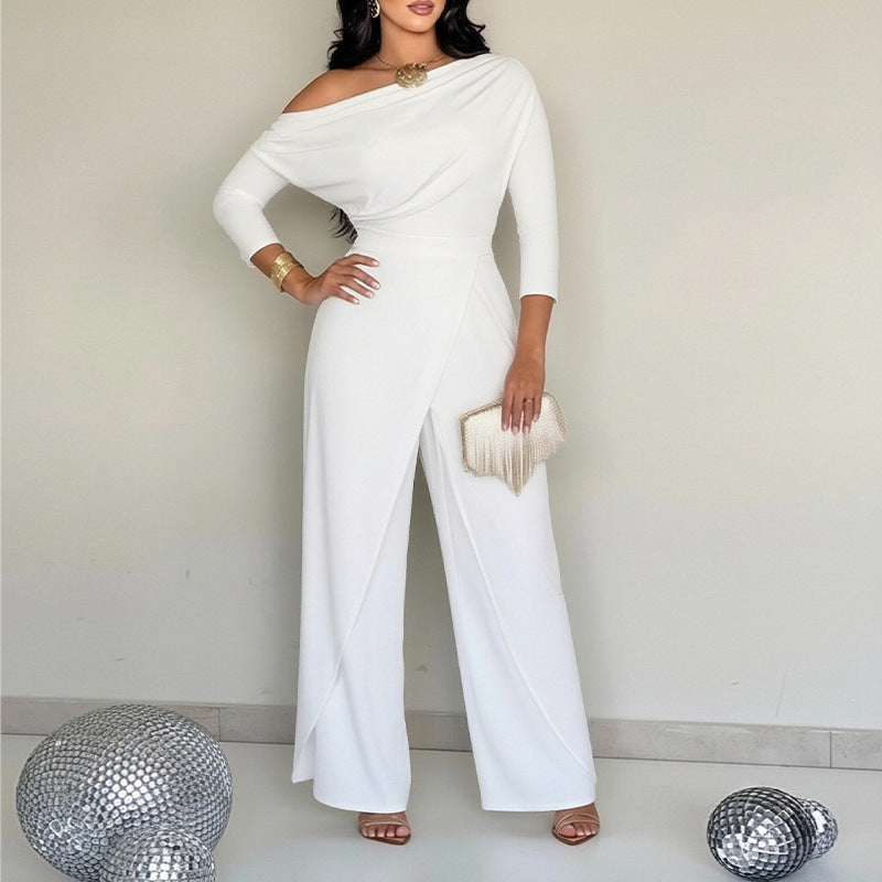 Women's One-Shoulder Long Sleeve Wide Leg Jumpsuit with Draped Waist & High Split