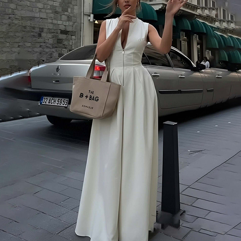 Women's Sleeveless Zip-Front High Waist Pleated Wide Leg Jumpsuit with Pockets