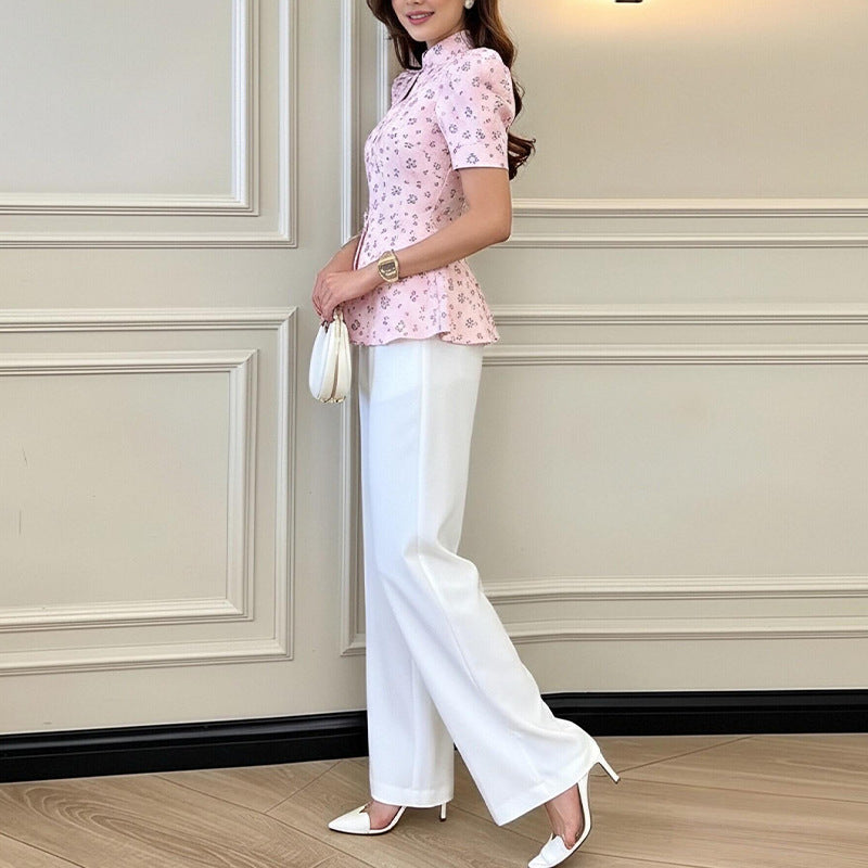 Women's Pink Floral Print Puff Sleeve Button-Down Peplum Top – Round Neck with Keyhole Cutout