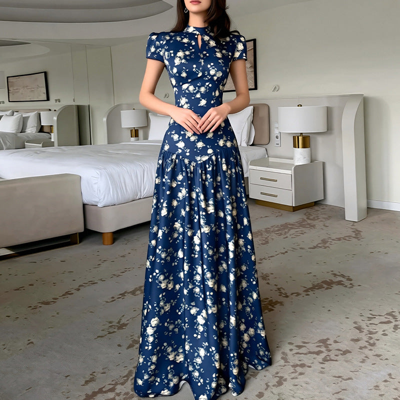 Women's Short Sleeve Floral Print Maxi Dress - High Neck with Keyhole Cutout & Drop Waist