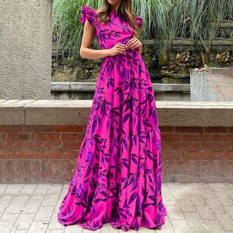 Women's Floral Leaf Print Tiered Maxi Dress - Ruffle Sleeve High Neck & A-Line Silhouette