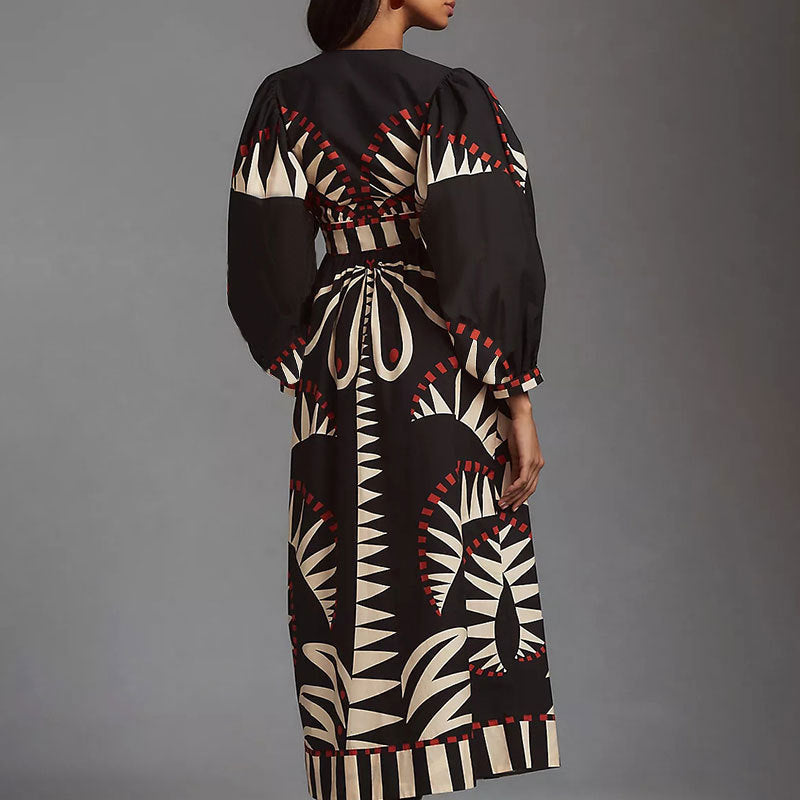 Women’s Geometric Print Deep V-Neck Button-Down Maxi Dress - Balloon Sleeve Long Dress with Belt