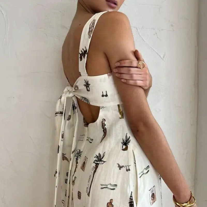 Women's Square Neck Sleeveless Maxi Dress - Vintage Art Print, Side Pockets & A-Line Silhouette