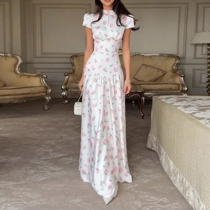 Women's Short Sleeve Floral Print Maxi Dress - High Neck with Keyhole Cutout & Drop Waist