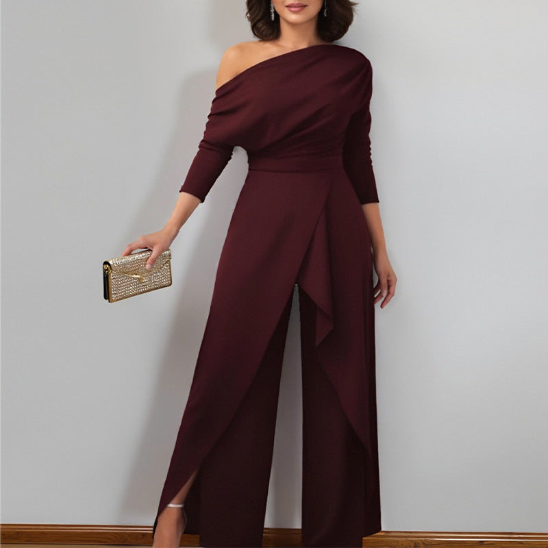 Women's One-Shoulder Long Sleeve Wide Leg Jumpsuit with Draped Waist & High Split