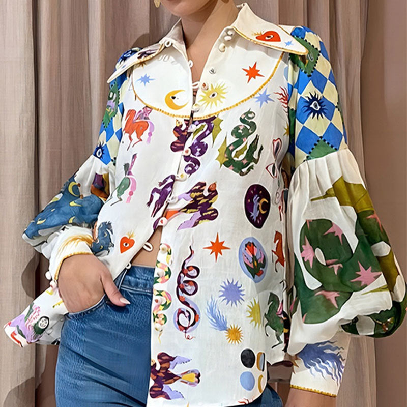 Women's Colorful Mystic Graphic Print Button-Down Shirt – Statement Collar & Long Puff Sleeves