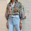 Women's Colorful Patchwork Print Puff Sleeve Button-Down Shirt – Relaxed Fit Boho Blouse