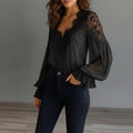 Women's V-Neck Lace Patchwork Long Sleeve Blouse with Sheer Chiffon Ruffled Cuffs