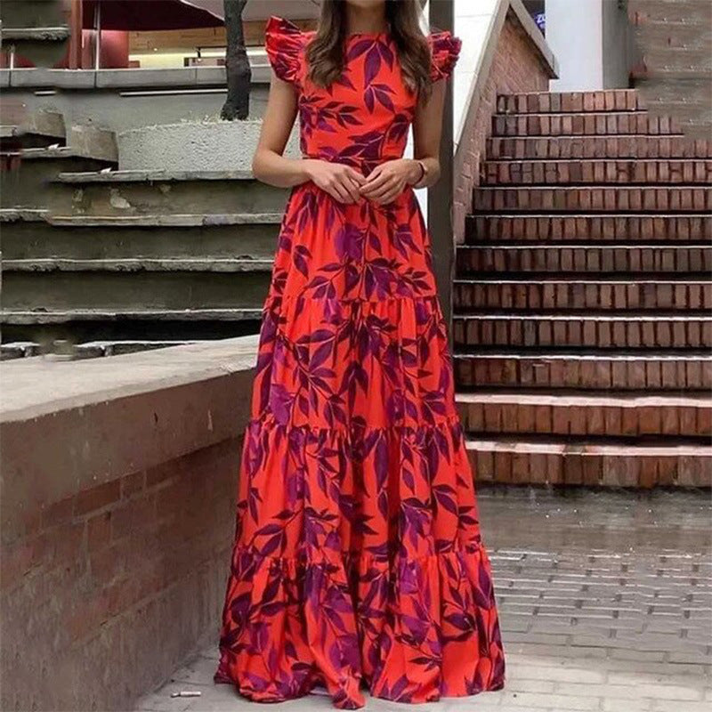 Women's Floral Leaf Print Tiered Maxi Dress - Ruffle Sleeve High Neck & A-Line Silhouette