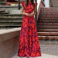 Women's Floral Leaf Print Tiered Maxi Dress - Ruffle Sleeve High Neck & A-Line Silhouette