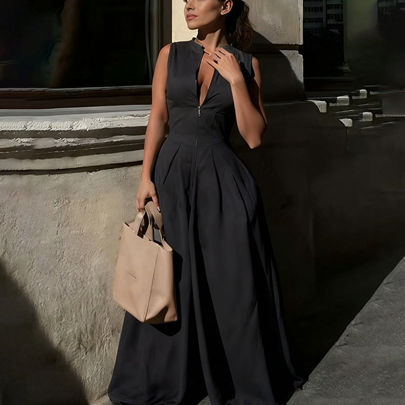 Women's Sleeveless Zip-Front High Waist Pleated Wide Leg Jumpsuit with Pockets