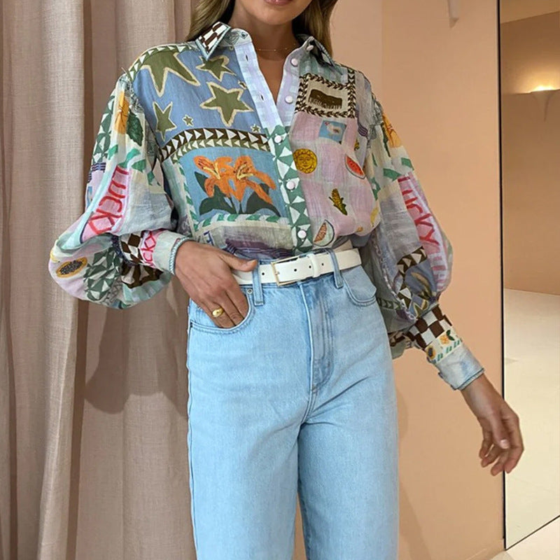 Women's Colorful Patchwork Print Puff Sleeve Button-Down Shirt – Relaxed Fit Boho Blouse