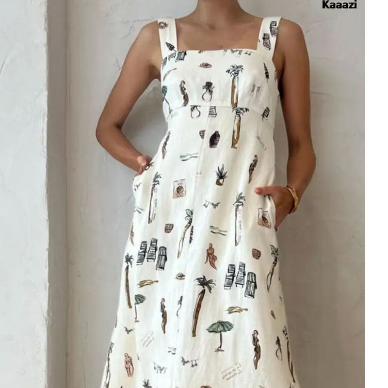 Women's Square Neck Sleeveless Maxi Dress - Vintage Art Print, Side Pockets & A-Line Silhouette
