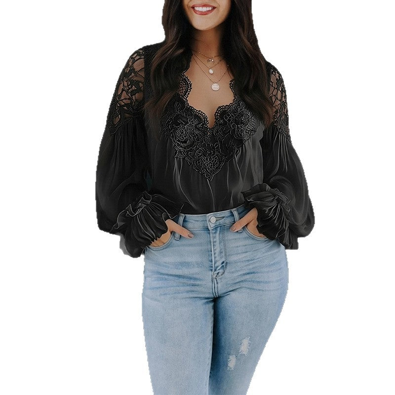 Women's V-Neck Lace Patchwork Long Sleeve Blouse with Sheer Chiffon Ruffled Cuffs