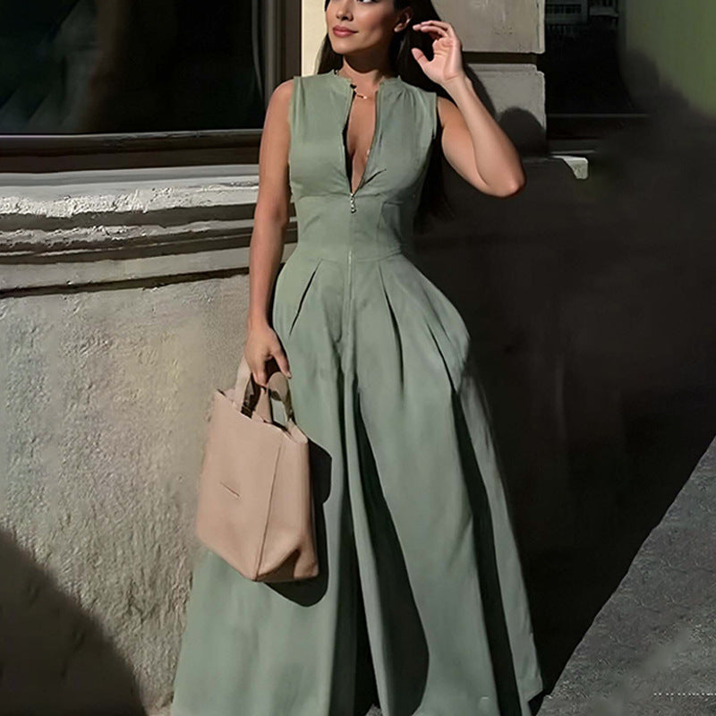 Women's Sleeveless Zip-Front High Waist Pleated Wide Leg Jumpsuit with Pockets