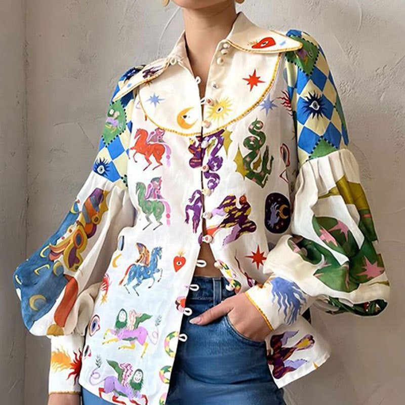 Women's Colorful Mystic Graphic Print Button-Down Shirt – Statement Collar & Long Puff Sleeves