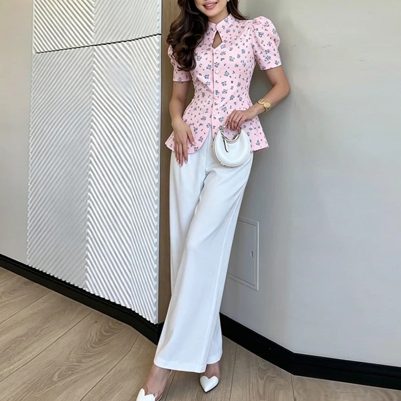 Women's Pink Floral Print Puff Sleeve Button-Down Peplum Top – Round Neck with Keyhole Cutout