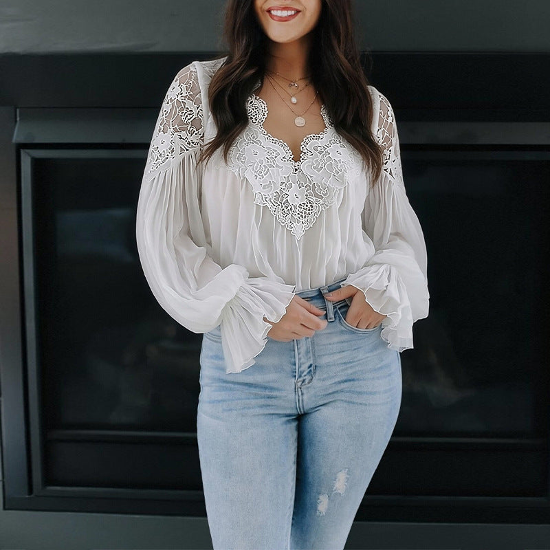 Women's V-Neck Lace Patchwork Long Sleeve Blouse with Sheer Chiffon Ruffled Cuffs