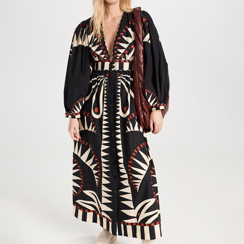 Women’s Geometric Print Deep V-Neck Button-Down Maxi Dress - Balloon Sleeve Long Dress with Belt