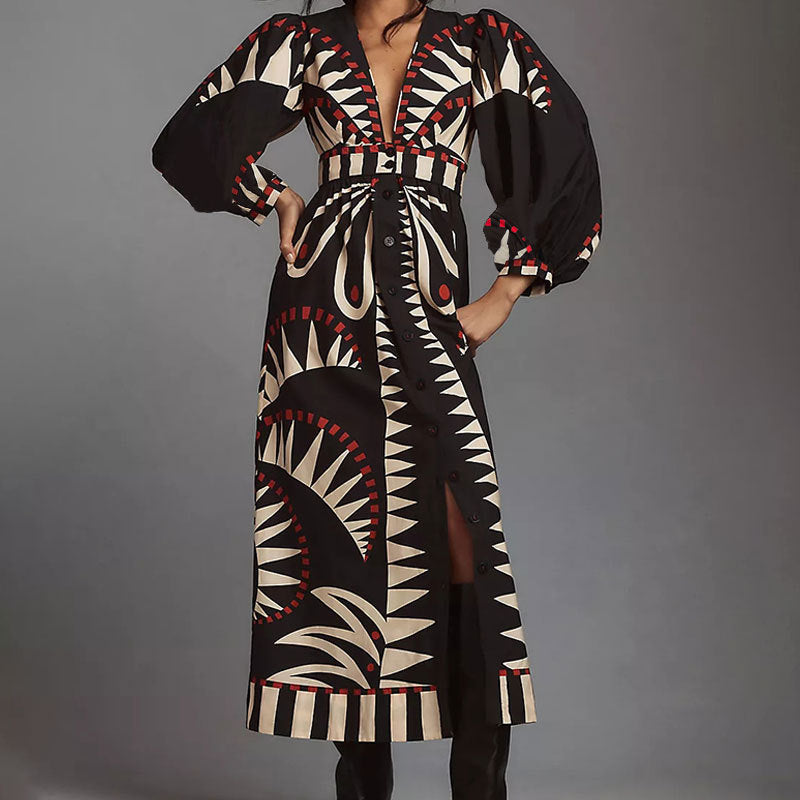 Women’s Geometric Print Deep V-Neck Button-Down Maxi Dress - Balloon Sleeve Long Dress with Belt