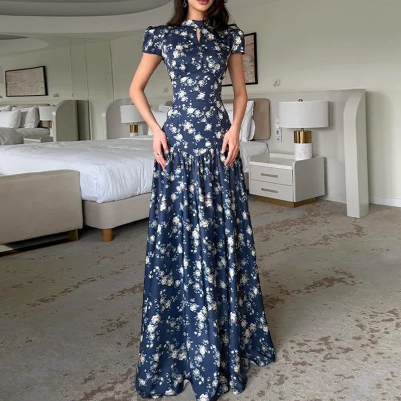 Women's Short Sleeve Floral Print Maxi Dress - High Neck with Keyhole Cutout & Drop Waist
