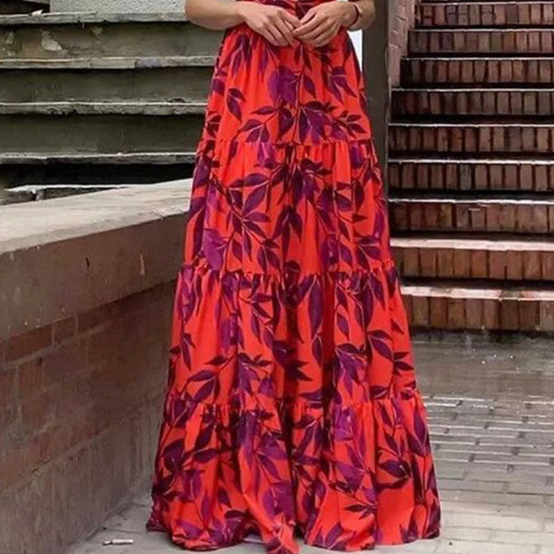 Women's Floral Leaf Print Tiered Maxi Dress - Ruffle Sleeve High Neck & A-Line Silhouette