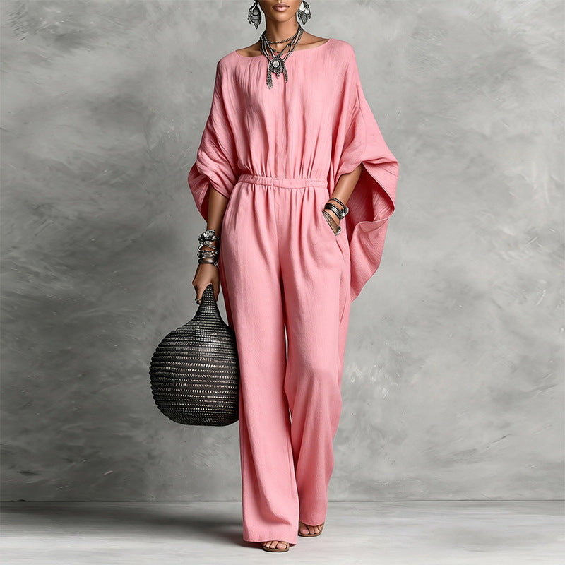 Women's Boat Neck Batwing Sleeve Wide Leg Jumpsuit – Elastic Waist & Side Pockets