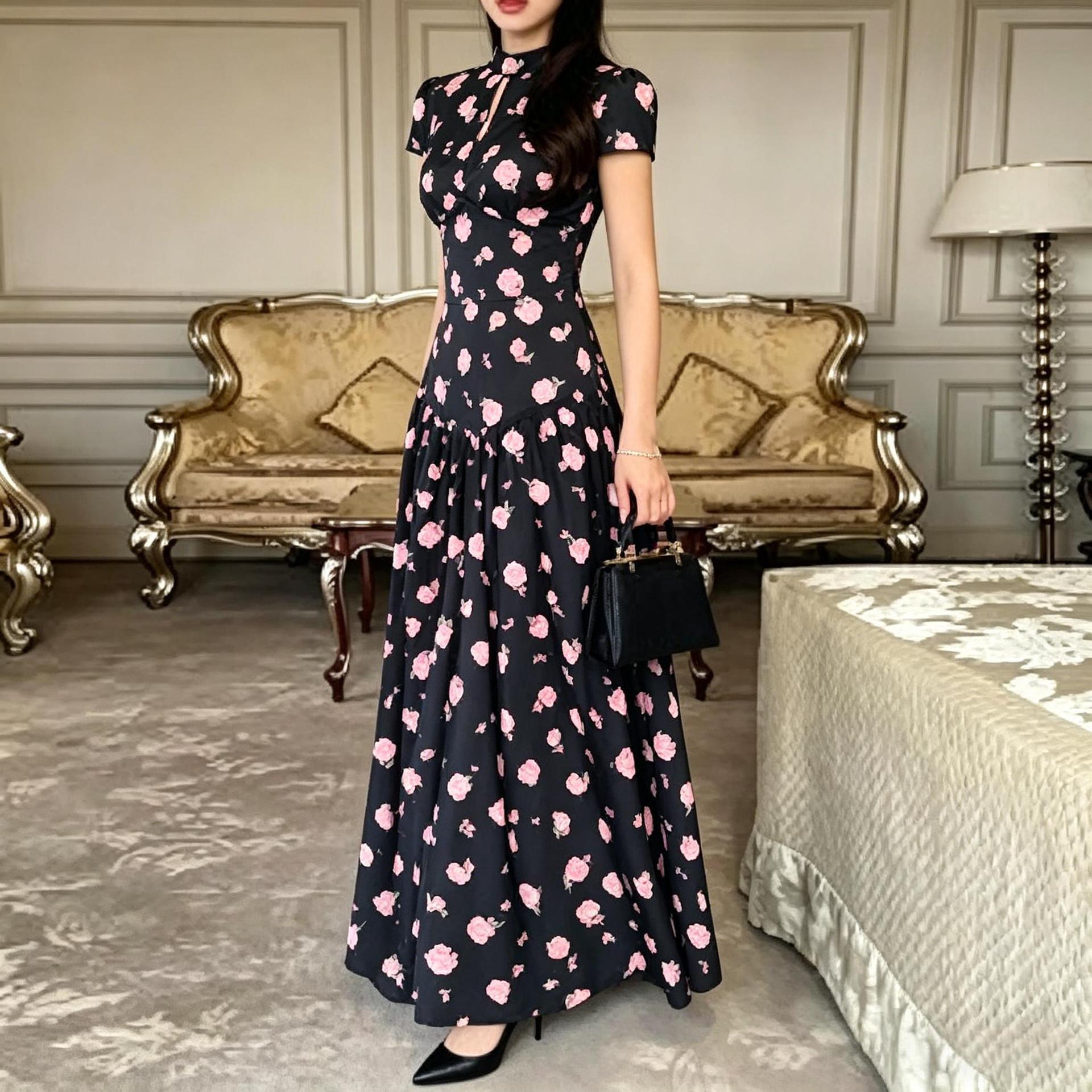 Women's Short Sleeve Floral Print Maxi Dress - High Neck with Keyhole Cutout & Drop Waist
