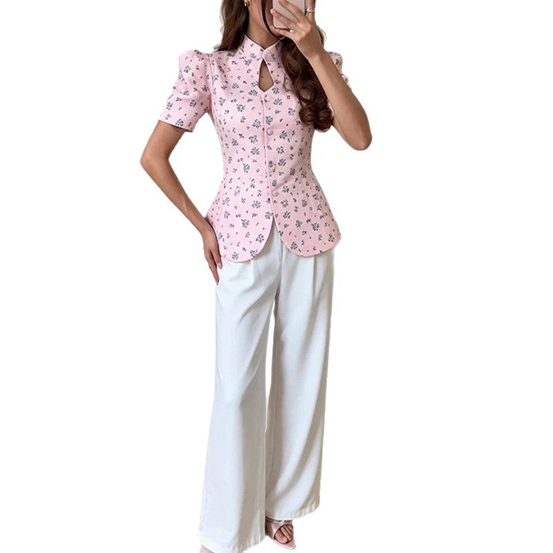 Women's Pink Floral Print Puff Sleeve Button-Down Peplum Top – Round Neck with Keyhole Cutout