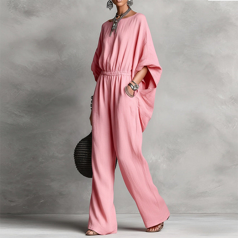 Women's Boat Neck Batwing Sleeve Wide Leg Jumpsuit – Elastic Waist & Side Pockets