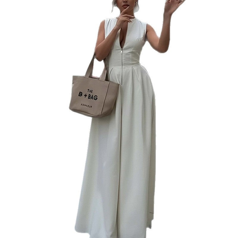 Women's Sleeveless Zip-Front High Waist Pleated Wide Leg Jumpsuit with Pockets