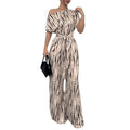 Women's Asymmetric One-Shoulder Wide Leg Jumpsuit – Striped Droplet Print Tie-Waist Outfit