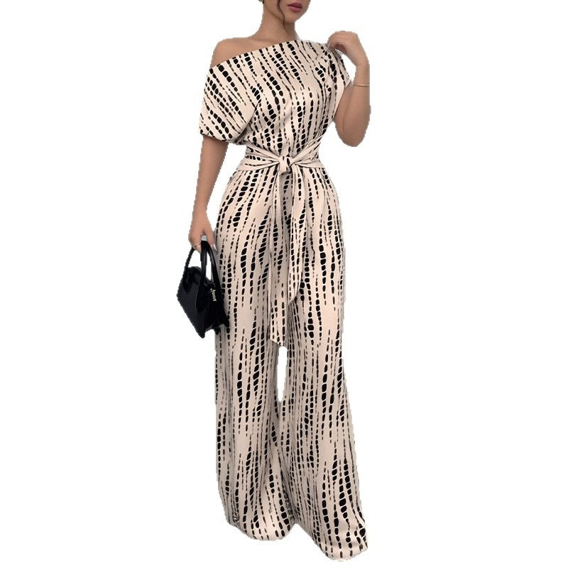 Women's Asymmetric One-Shoulder Wide Leg Jumpsuit – Striped Droplet Print Tie-Waist Outfit