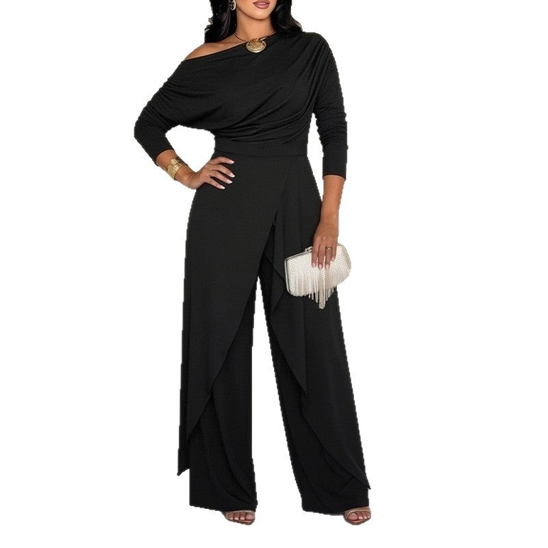Women's One-Shoulder Long Sleeve Wide Leg Jumpsuit with Draped Waist & High Split