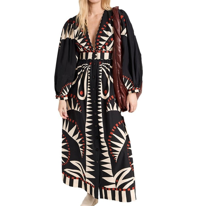 Women’s Geometric Print Deep V-Neck Button-Down Maxi Dress - Balloon Sleeve Long Dress with Belt