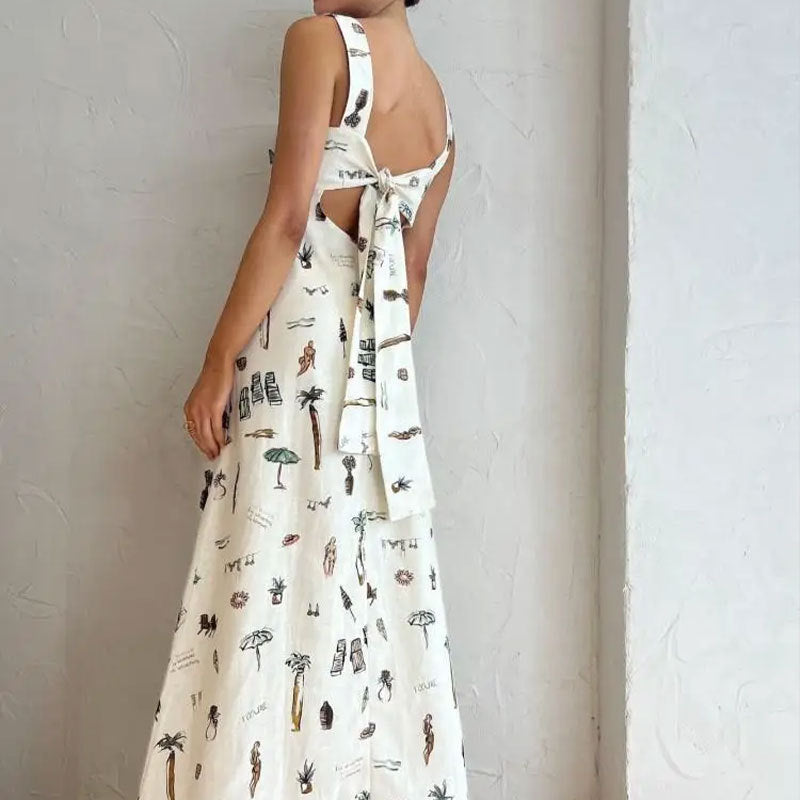 Women's Square Neck Sleeveless Maxi Dress - Vintage Art Print, Side Pockets & A-Line Silhouette