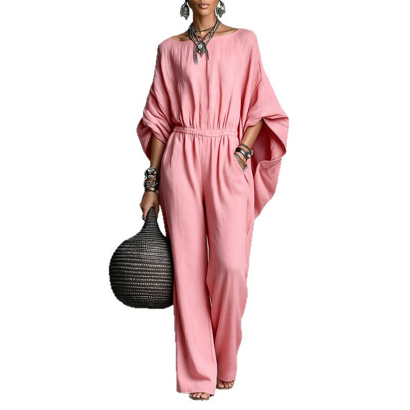Women's Boat Neck Batwing Sleeve Wide Leg Jumpsuit – Elastic Waist & Side Pockets