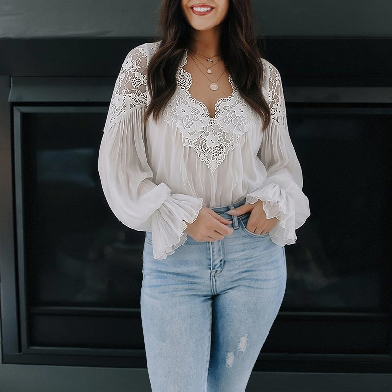 Women's V-Neck Lace Patchwork Long Sleeve Blouse with Sheer Chiffon Ruffled Cuffs