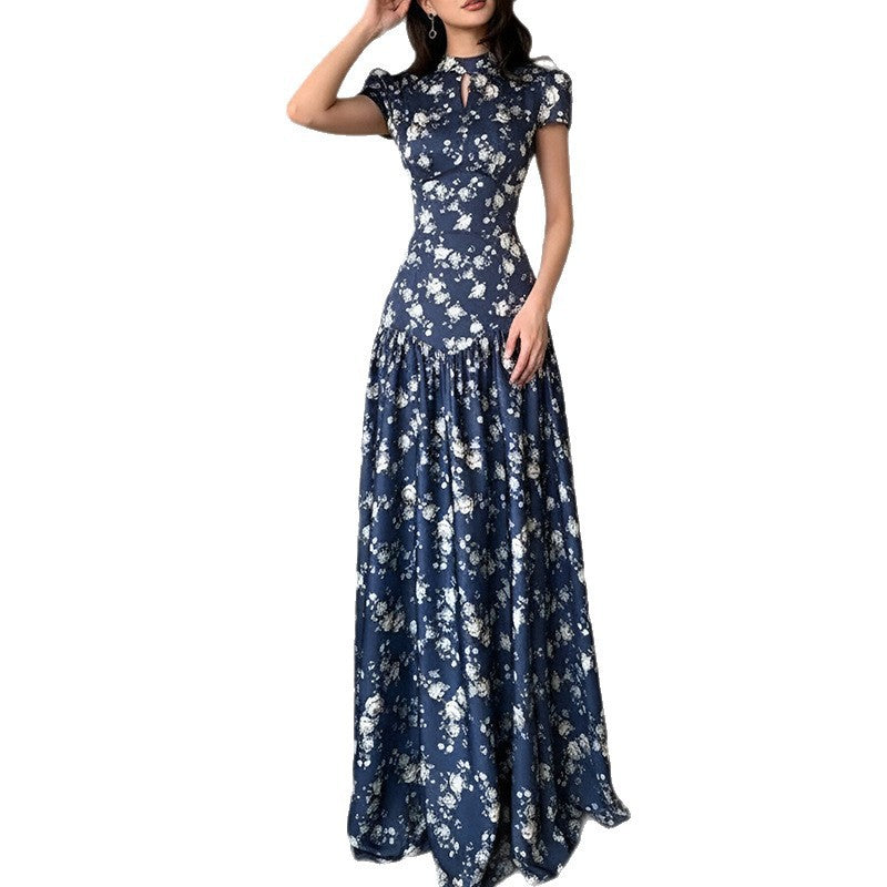 Women's Short Sleeve Floral Print Maxi Dress - High Neck with Keyhole Cutout & Drop Waist