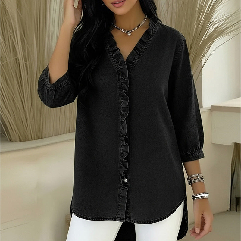 Women's V-Neck Ruffle Trim Button-Down Blouse – 3/4 Sleeve Relaxed Fit Denim Style Top