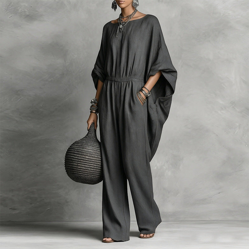 Women's Boat Neck Batwing Sleeve Wide Leg Jumpsuit – Elastic Waist & Side Pockets