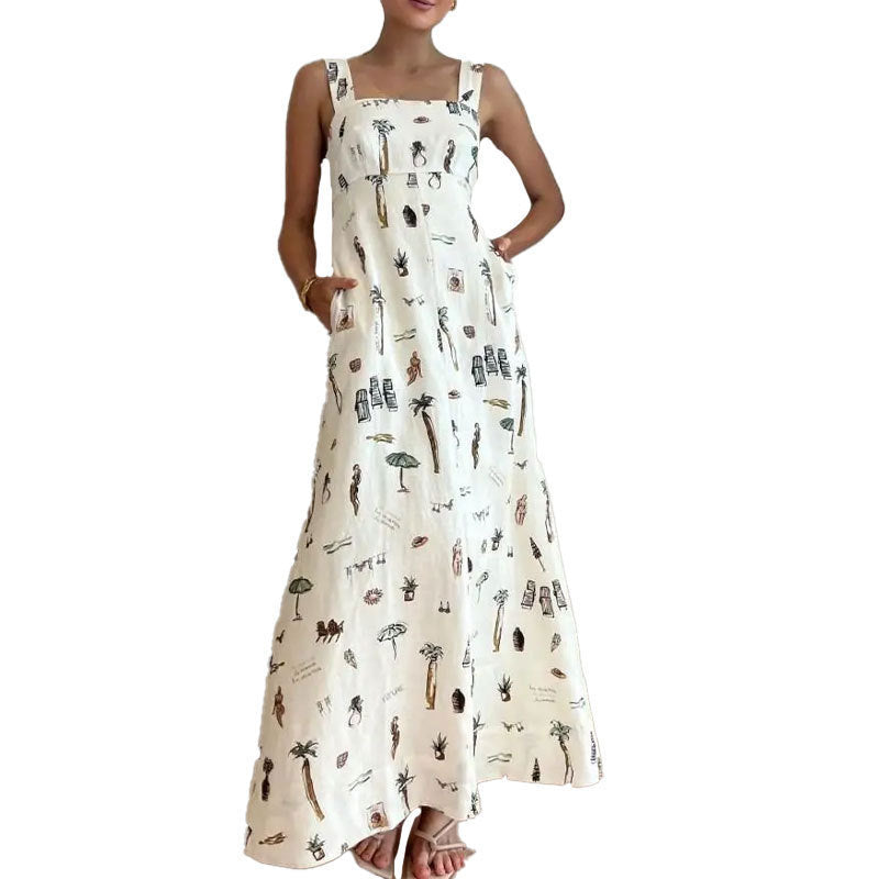 Women's Square Neck Sleeveless Maxi Dress - Vintage Art Print, Side Pockets & A-Line Silhouette